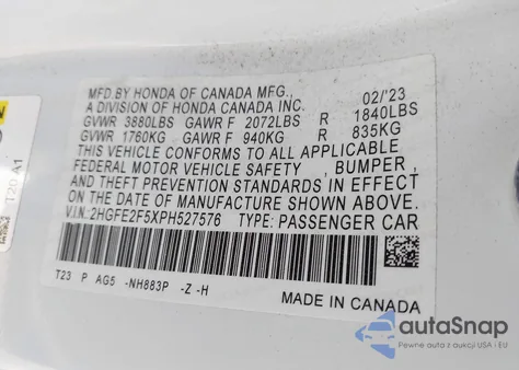 2023 Honda Civic Sport из США, поврежденный, VIN 2HGFE2F5XPH527576